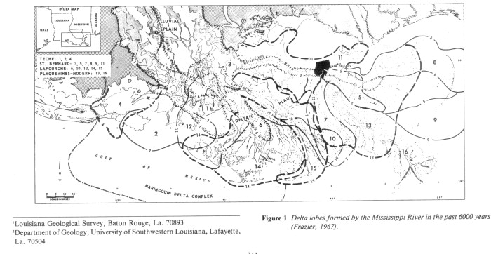 map of mississippi river delta. [Grey Scale] Delta lobes